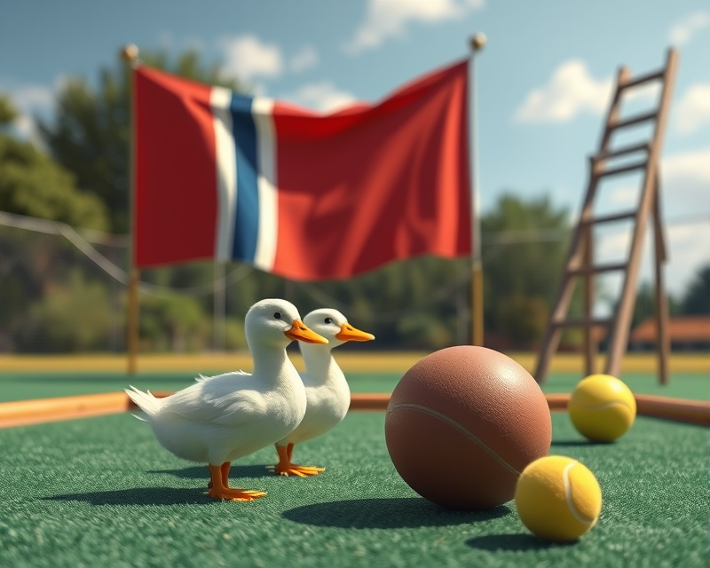 duckling, flag, ladder, bowling ball, tennis